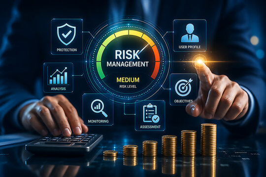 Risk management dashboard with gauge showing medium risk level and icons for protection and objectives.
