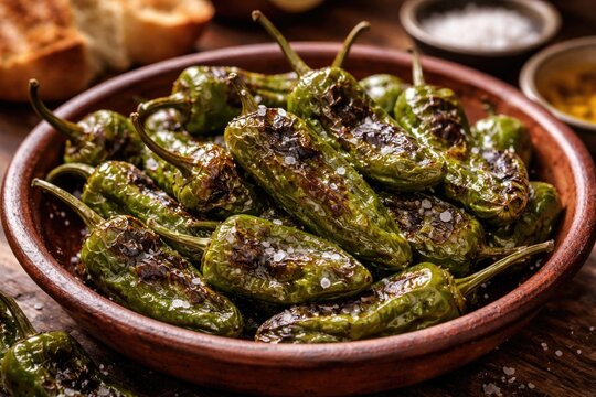 Warm grilled green Pimientos Padron peppers showcasing classic Spanish flavors