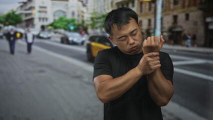 Man grips wrist in pain on a busy urban street lined with blurred taxis and storefronts  pain. © Krakenimages.com