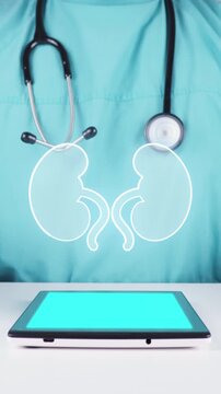 Doctor uses digital tablet for chronic kidney disease screening with green neon kidney icon and advanced medical software for preventative kidney diagnosis.