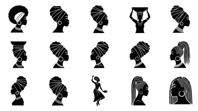 African Black Silhouette Collection icon sheet Vector: elegant portraits, showcasing the grace and diversity of women, highlighting cultural beauty.