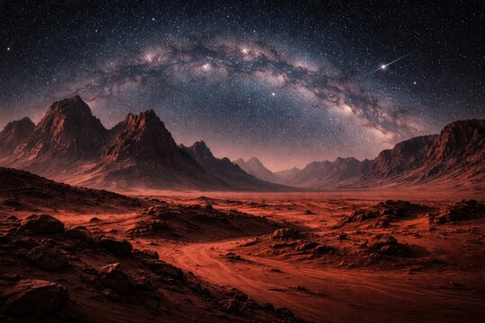 Striking Martian red desert with craggy mountain backdrops and star filled night sky for game cover