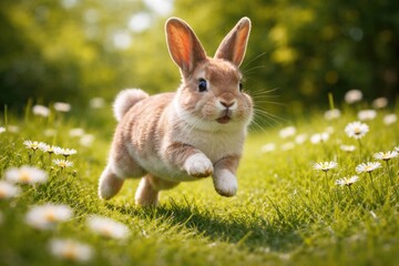 Fototapeta premium Playful rabbit hopping across lush green lawn with white flowers on a bright summer day full length