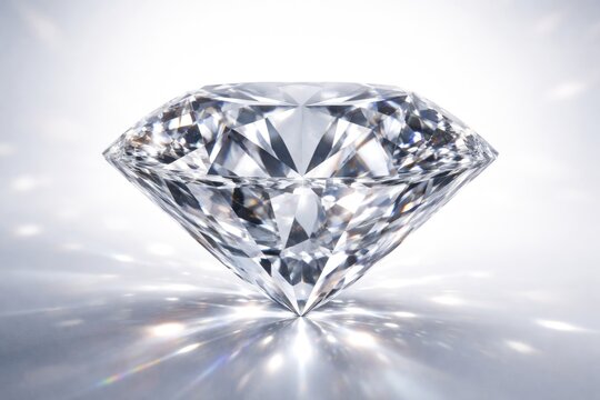 macro shot of clear diamond crystal reflecting light on white studio backdrop