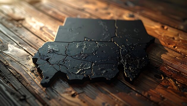 Abstract 3d topographic map of a dark landmass with illuminated settlements on a rustic wooden table, representing global connectivity and digital networks