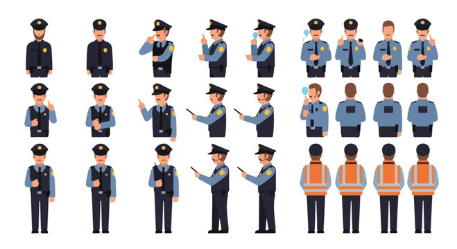Police officer character set with various poses and gestures, law enforcement professional in blue uniform vector, security guard and patrolman collection