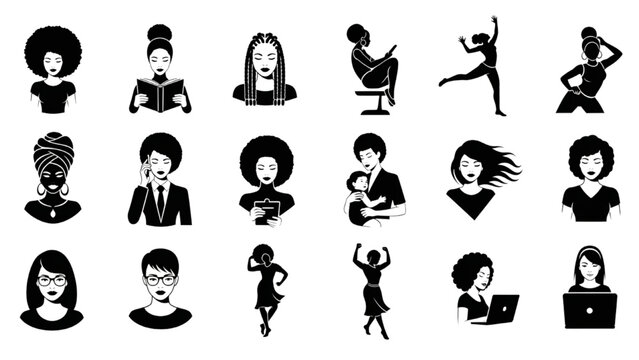  A curated women's collection of diverse Black silhouettes icon sheet Vector, each capturing unique poses and expressions. This selection celebrates the beauty of diversity and individuality.
