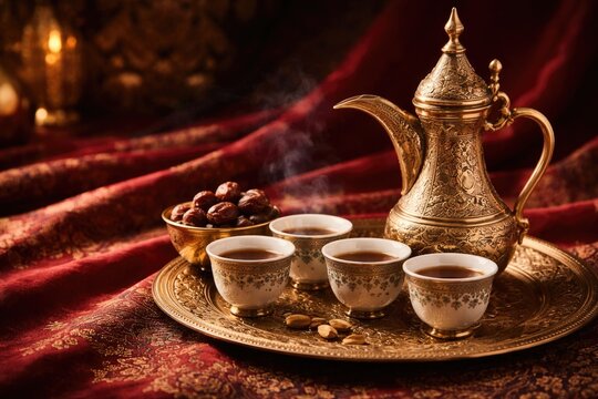 Elegant Arabian tea cups and dallah resting on classic red fabric with space for text or design