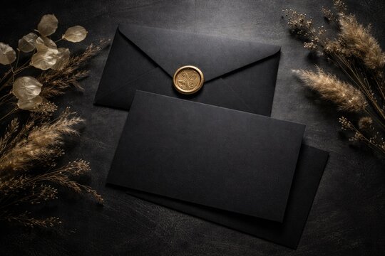 Sophisticated black envelopes set against a soft dark textured panel with dried floral elements and spacious copy space