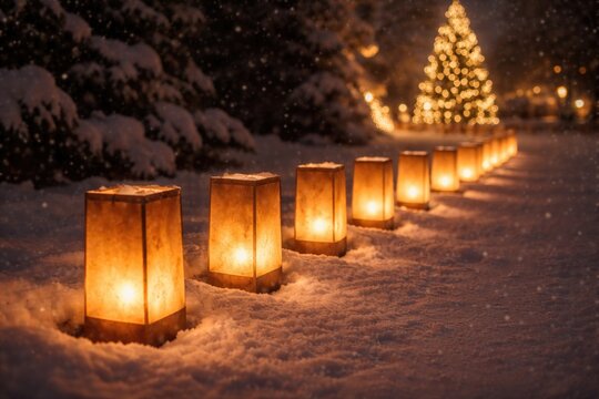 Row of bright Christmas luminarias creating a serene scene with copy space