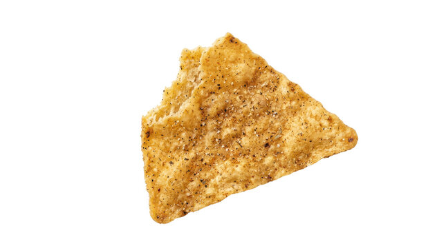 Crunchy golden tortilla chip, seasoned corn nacho snack, textured triangular savory appetizer for food marketing and menu design isolated on Transparent Background