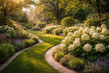 Obraz premium Private summer landscape featuring radiant Annabelle hydrangeas and detailed lawn border with elegant walkway