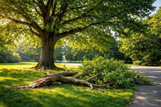 Healthy large tree with full green leaves and a fractured branch lying on green grass near a paved driveway