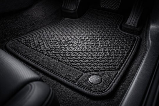 Textured black car mat closeup with a subtle background view