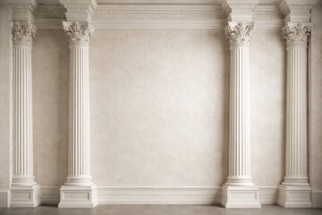 Fototapeta premium White plaster classical columns and pilasters with a textured gypsum backdrop
