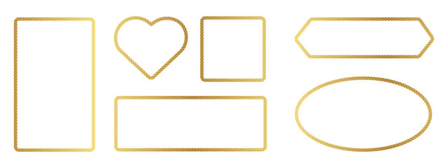 Golden rope border and luxury nautical shape set. Isolated vector illustration of heart, oval, and rectangle outlines with yellow metallic twisted cord texture for premium maritime design. © VisionaryFrames