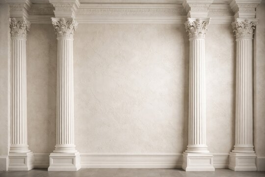 White plaster classical columns and pilasters with a textured gypsum backdrop