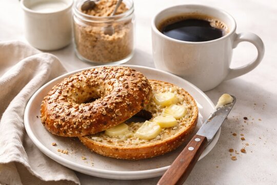 Warm multigrain bagel topped with butter served with black coffee and sugar on a crisp white surface