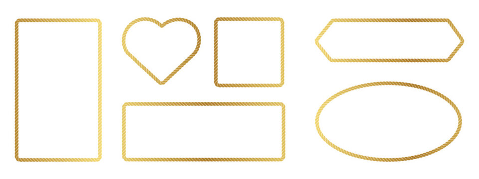 Golden rope border and luxury nautical shape set. Isolated vector illustration of heart, oval, and rectangle outlines with yellow metallic twisted cord texture for premium maritime design.