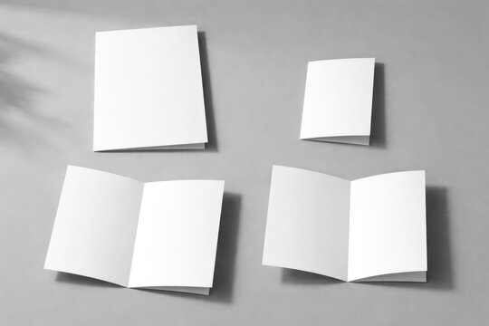 Minimalistic white bi fold brochures in A4 and A5 dimensions arranged on smooth gray background with natural shadows