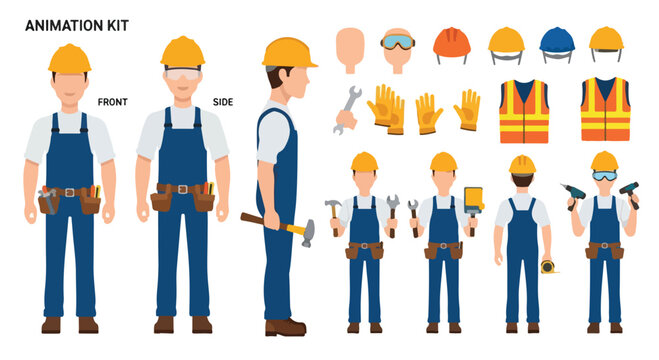 Construction worker character animation kit, professional handyman builder in blue overalls and yellow hard hat, industrial repairman vector set