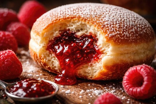 Macro photography of a traditional Berliner doughnut stuffed with raspberry jam