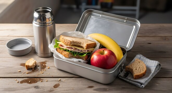 Metal lunchbox with sandwich, apple and banana on wooden table. Homemade food in container next to thermos bottle. Packed school lunch, healthy eating pattern, office meal break.