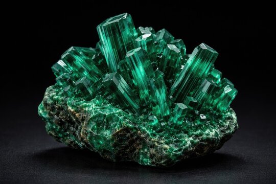 Monoclinic crystal structured malachite mineral presented on a solid black surface