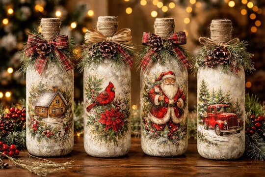 Seasonal glass bottles covered in artistic decoupage for holiday home decoration