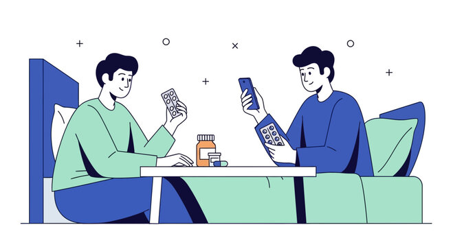 Two men in bed with medicine and phone, healthcare concept