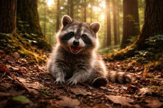 playful raccoon sitting on leafy forest floor within a ring of tall trees