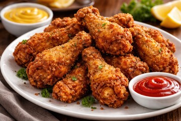 Fototapeta premium Tasty battered fried chicken winglets arranged on white plate with mustard and tomato sauce in background