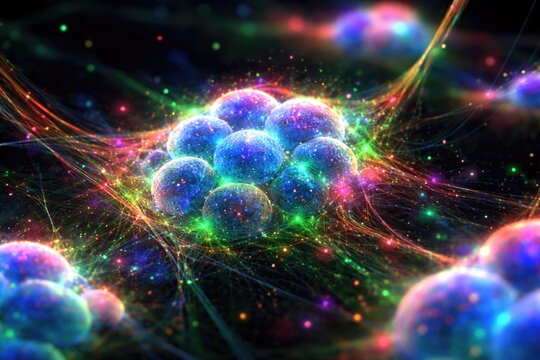 Fluorescent stained embryonic stem cells under microscope demonstrating regenerative potential