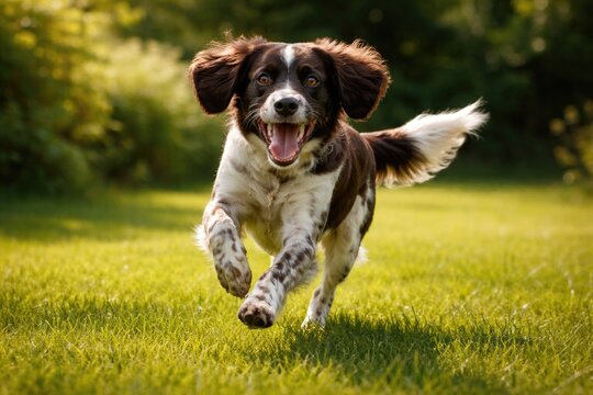 Playful Small Munsterlander pet chasing in fresh green grass lawn with summer light full length view