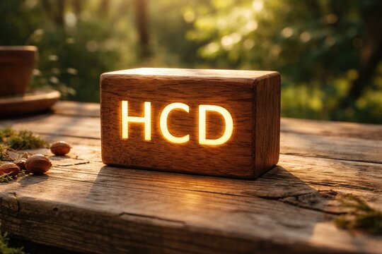 Wooden block inscribed with HCD letters glowing under daylight on a rustic table set in a calm outdoor area