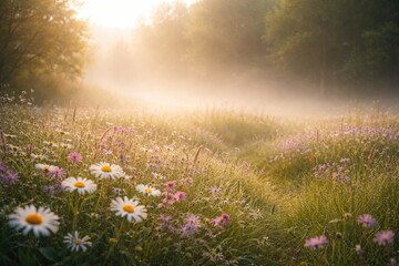Obraz premium Calm and quiet nature view showcasing soft sunlight on misty grass and blooming flowers
