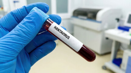 Doctor hand holding Hantavirus blood test tube in laboratory. Medical research, infectious disease testing, diagnostic safety and lab procedures concept.