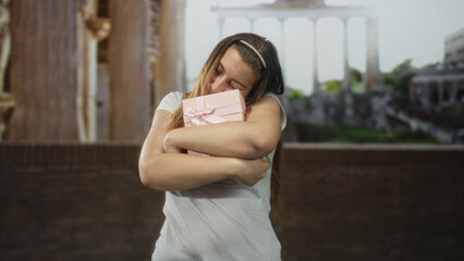 Fototapeta premium Woman hugging pink gift box with ribbon, leaning head on box, eyes closed, wearing white tee, at ancient ruins wall; comfort affection longing.