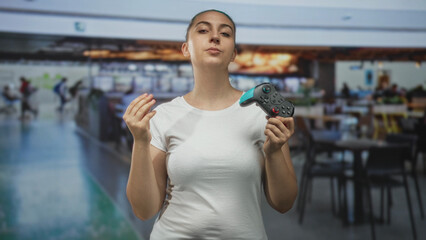Woman holding gamepad pinches fingers toward camera and grips a turquoise black controller in an airport terminal food court, white tshirt visible  confidence playfulness. © Krakenimages.com