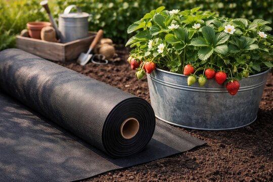 Black geotextile fabric roll and container strawberry plant with garden tools in background