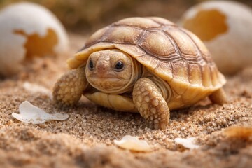 Obraz premium Newly born African spurred tortoise baby with delicate shell textures