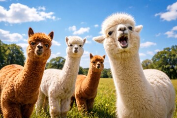 Fototapeta premium Alpacas in a lively mood beneath a pristine blue sky
