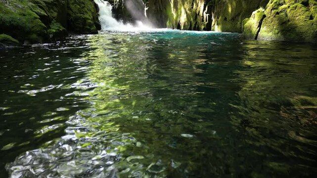 Reimei Waterfall, Kikuchi Gorge Japan | Fresh Green Forest, Clear Waterfall and Scenic Gorge Aerial Drone Background