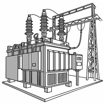 electrical transformer station illustration detailed line drawing with gray shading on white high quality professional modern elegant