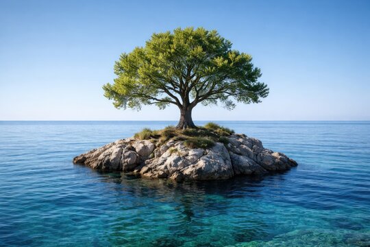 Relaxing view of a solitary tree rooted on a rocky island enclosed by smooth blue sea under cloudless sky