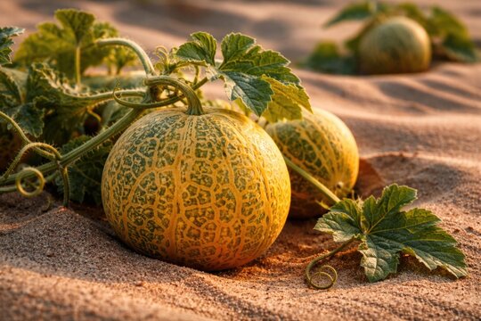 Close perspective of ripe Citrullus colocynthis fruit with attached stems and leaves on sand dune terrain