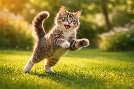 Playful cat pet frolicking on a green grass lawn full length view on a warm summer day