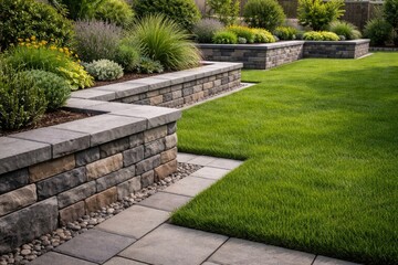 Fototapeta premium Decorative stacked pavers accenting a modern garden landscape with vibrant green grass