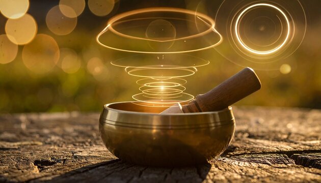 Metallic singing bowl on wooden surface with wooden mallet inside, glowing golden circular sound wave pattern above, warm blurred bokeh background