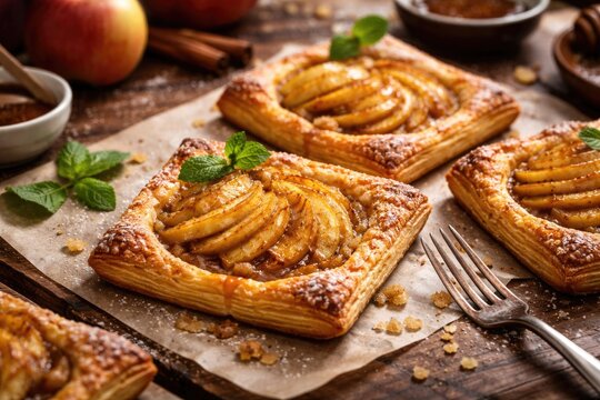 Freshly baked apple tarts with crisp puff pastry and sweet filling